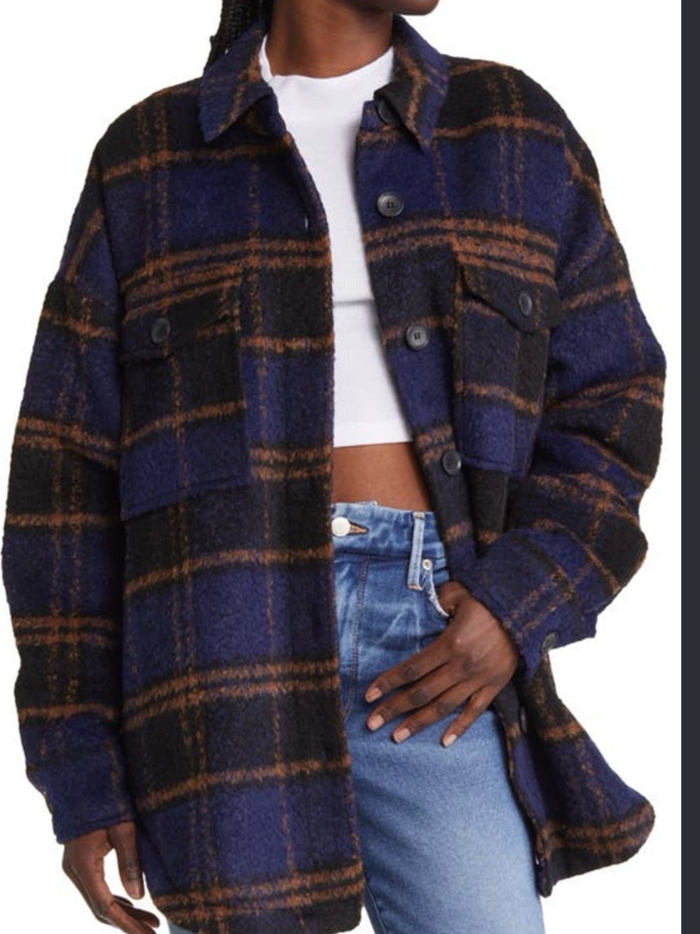 Good American Navy and Brown Plaid Utility Shacket